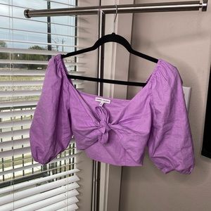 Express purple tie front crop top with puff sleeves